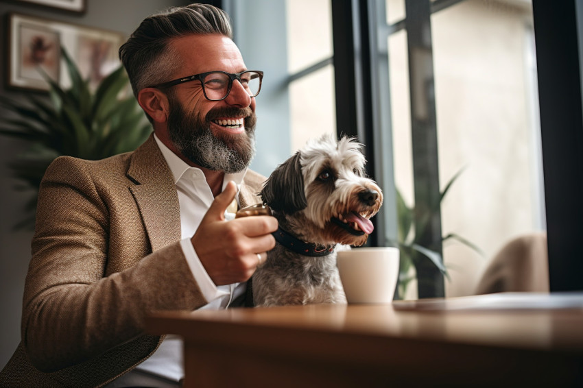 Businessman drinking coffee and feeding dog at home Businessman drinking coffee and feeding dog at home
