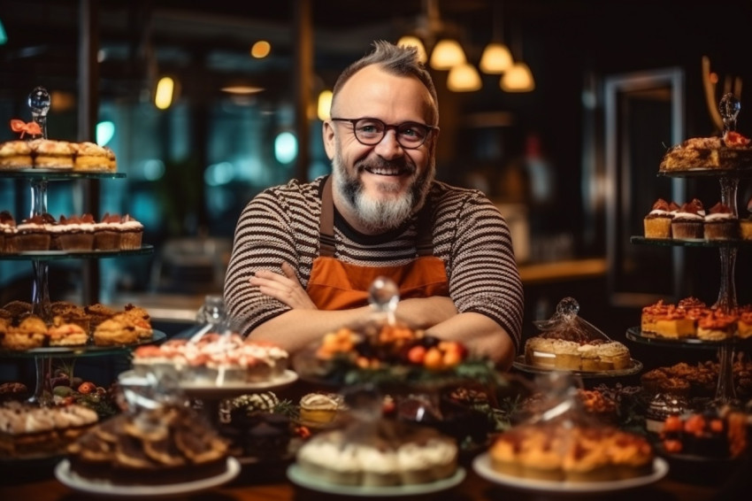 Male coffee shop owner standing near display case with cakes and desserts Male coffee shop owner standing near display case with cakes and desserts