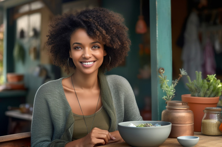 A photo of a pretty Black woman giving food on her porch A photo of a pretty Black woman giving food on her porch