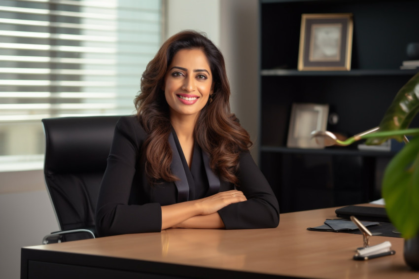 Confident Indian businesswoman posing at desk in modern home office Confident Indian businesswoman posing at desk in modern home office