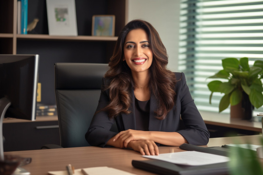 Confident Indian businesswoman posing at desk in modern home office Confident Indian businesswoman posing at desk in modern home office