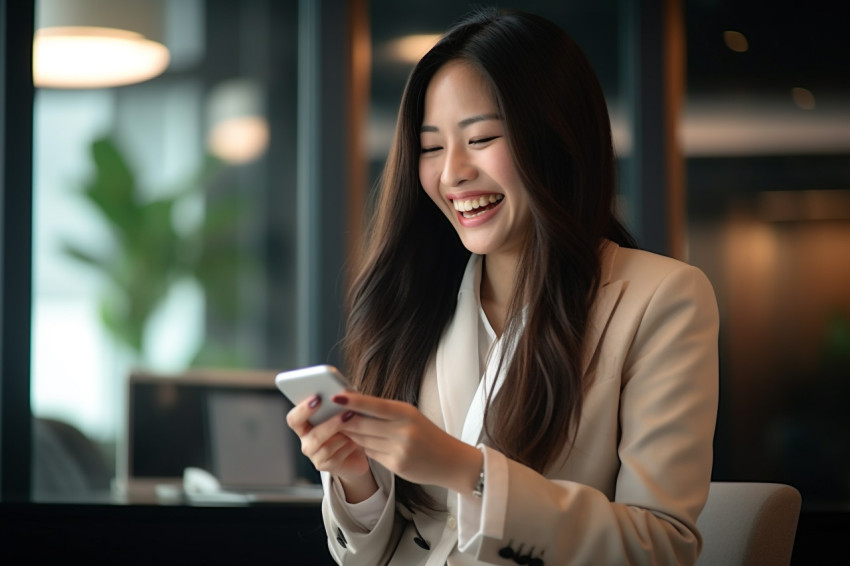 Happy Asian businesswoman working in office Happy Asian businesswoman working in office