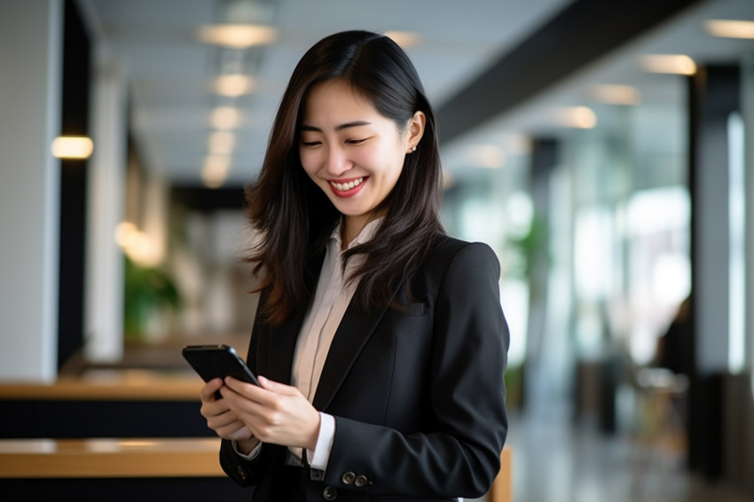 Happy Asian businesswoman working in office Happy Asian businesswoman working in office