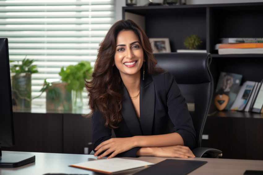 Confident Indian businesswoman posing at desk in modern home office Confident Indian businesswoman posing at desk in modern home office