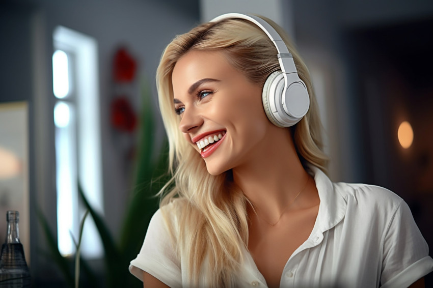 Smiling white woman with headphones at hom Smiling white woman with headphones at hom