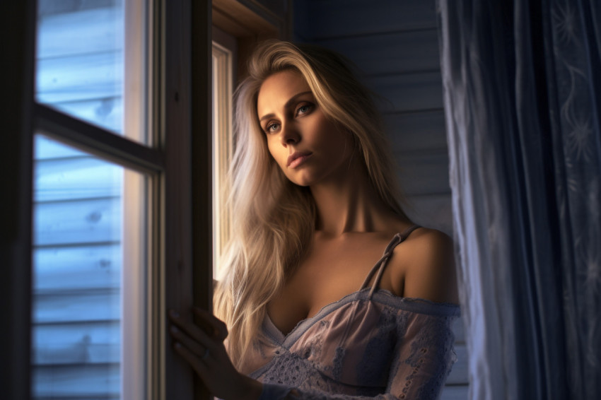 Woman at window in bedroom Woman at window in bedroom