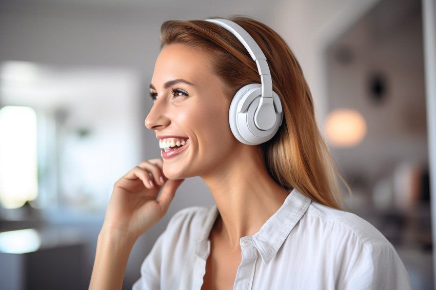 Smiling white woman with headphones at hom Smiling white woman with headphones at hom