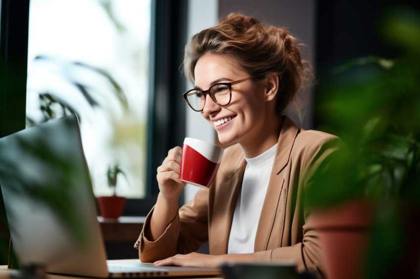 Happy woman drinking coffee at home desk