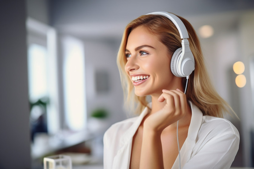 Smiling white woman with headphones at hom Smiling white woman with headphones at hom