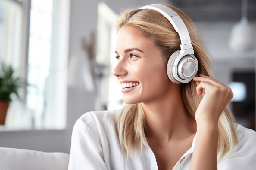 Smiling white woman with headphones at hom Smiling white woman with headphones at hom