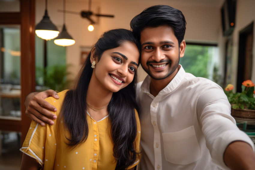 Indian couple takes selfie at home Indian couple takes selfie at home