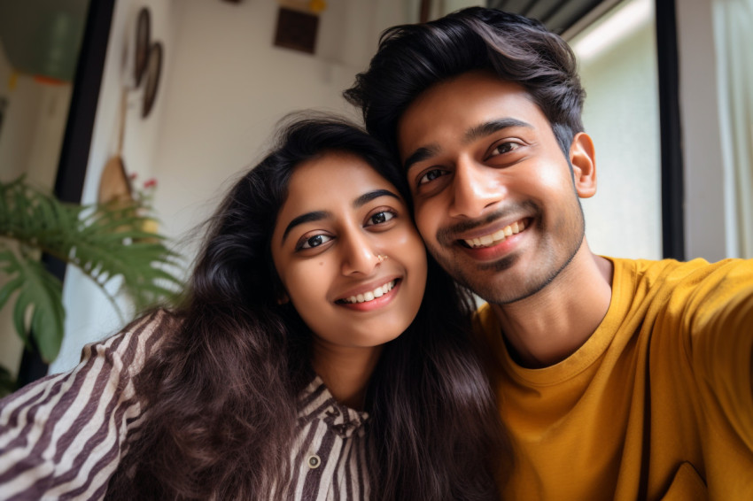 Indian couple takes selfie at home Indian couple takes selfie at home
