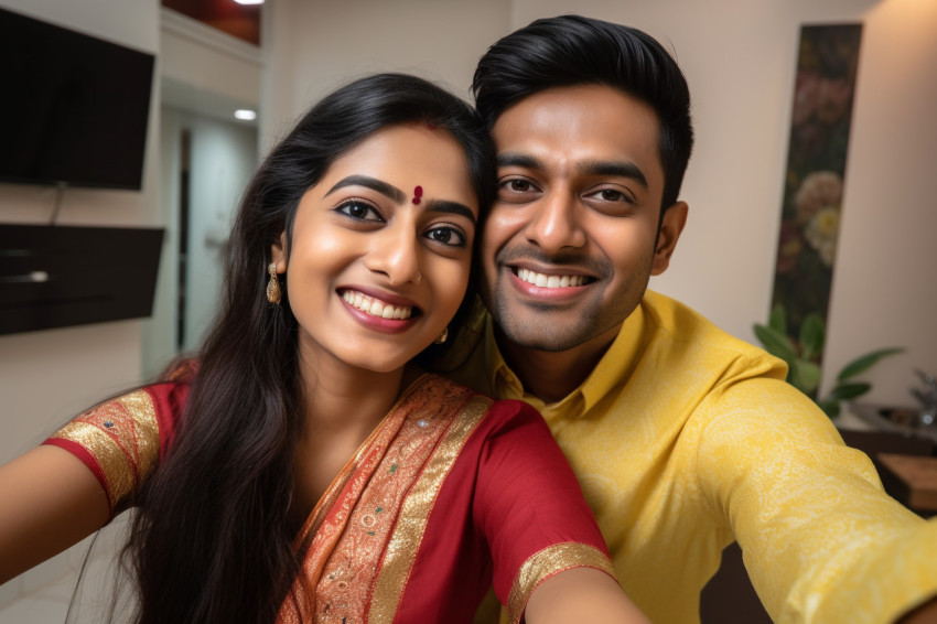 Indian couple takes selfie at home Indian couple takes selfie at home