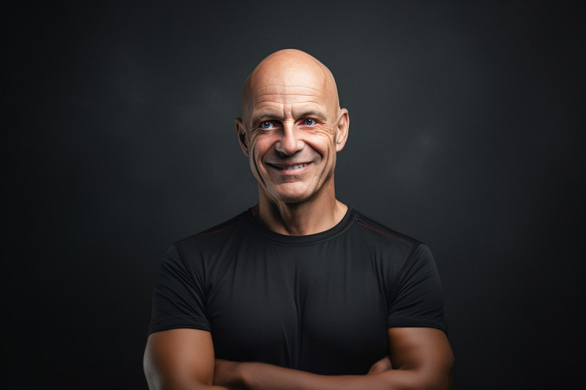 Adult bald man smiles at camera arms crossed Adult bald man smiles at camera arms crossed