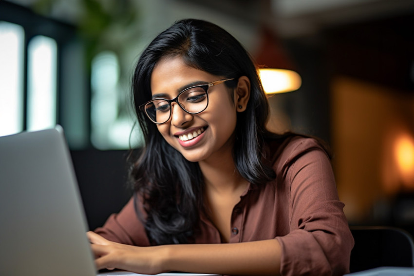 Happy Indian woman works at home on laptop Happy Indian woman works at home on laptop