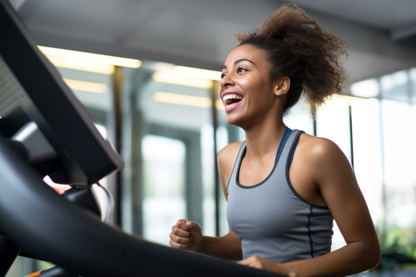 Happy Black athlete jogging on treadmill at gym Happy Black athlete jogging on treadmill at gym