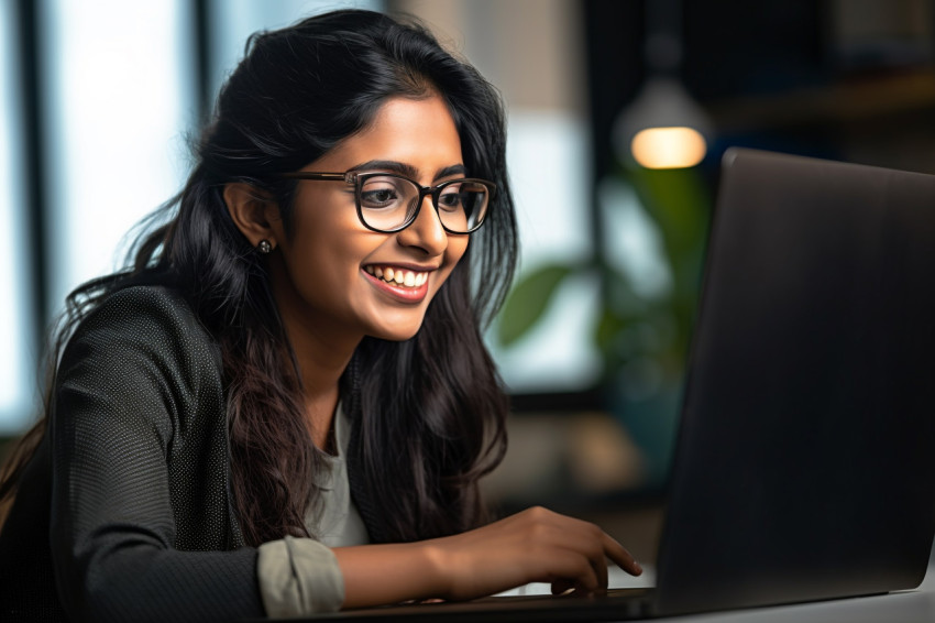 Happy Indian woman works at home on laptop Happy Indian woman works at home on laptop
