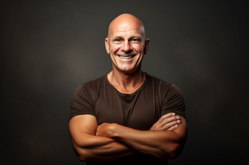 Adult bald man smiles at camera arms crossed Adult bald man smiles at camera arms crossed