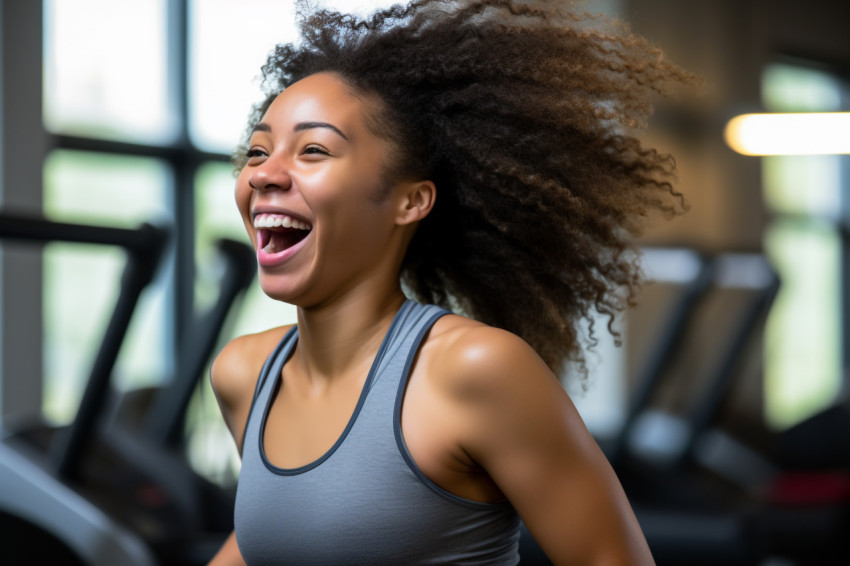 Happy Black athlete jogging on treadmill at gym Happy Black athlete jogging on treadmill at gym