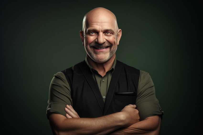 Adult bald man smiles at camera arms crossed Adult bald man smiles at camera arms crossed