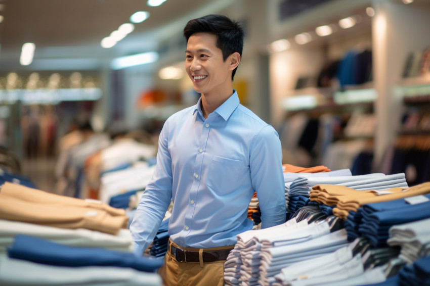 Photo of happy Asian male customer shopping in department store wearing smart business shirt