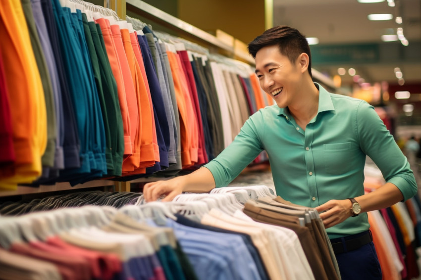 Photo of happy Asian male customer shopping in department store wearing smart business shirt