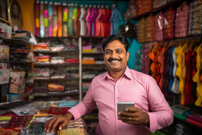 Photo of Indian shopkeeper showing phone to camera Photo of Indian shopkeeper showing phone to camera