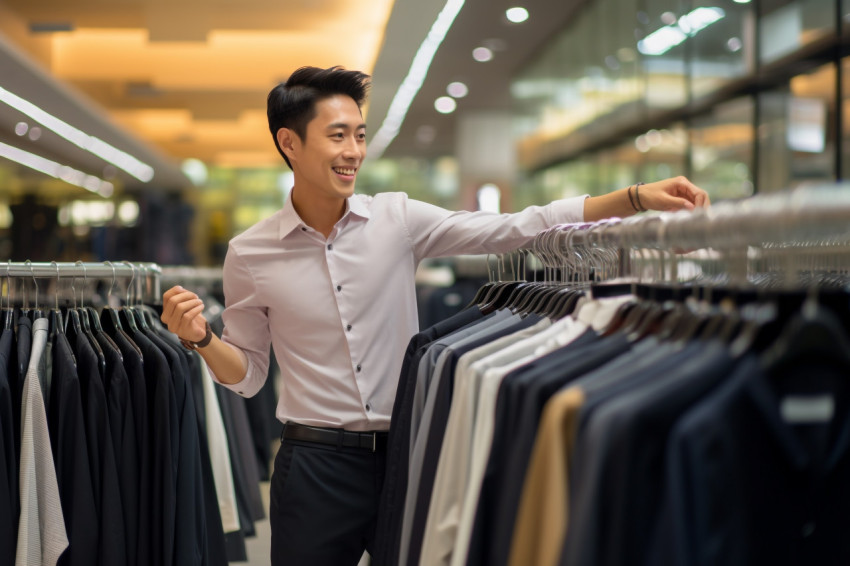 Photo of happy Asian male customer shopping in department store wearing smart business shirt