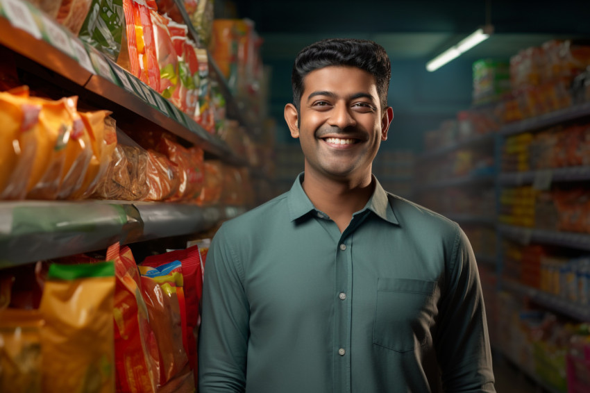 Happy Indian man at grocery store Happy Indian man at grocery store
