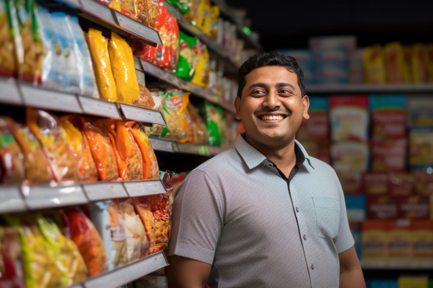 Happy Indian man at grocery store Happy Indian man at grocery store