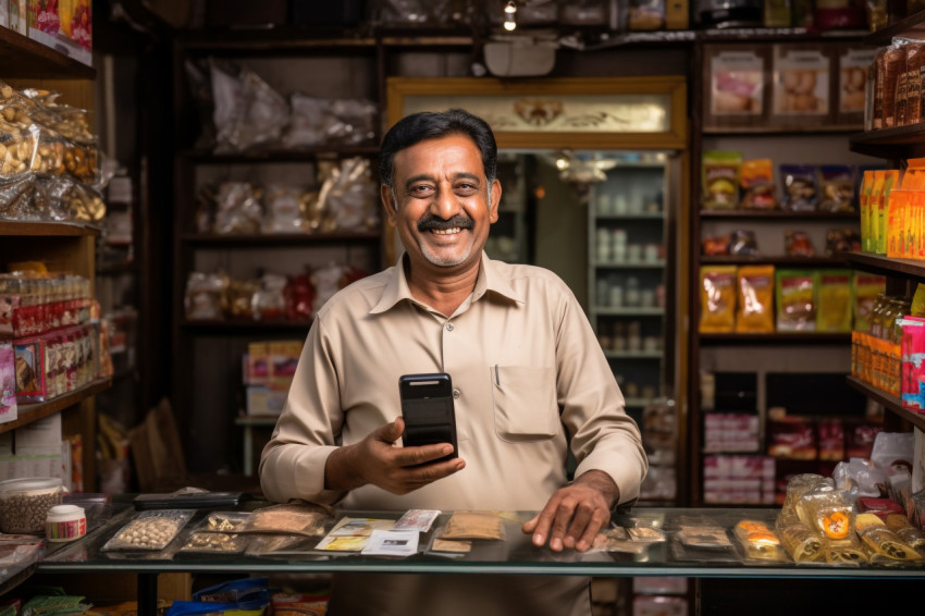 Photo of Indian shopkeeper showing phone to camera Photo of Indian shopkeeper showing phone to camera