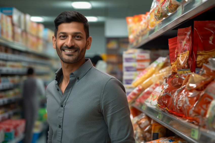 Happy Indian man at grocery store Happy Indian man at grocery store