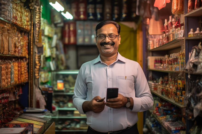 Photo of Indian shopkeeper showing phone to camera Photo of Indian shopkeeper showing phone to camera