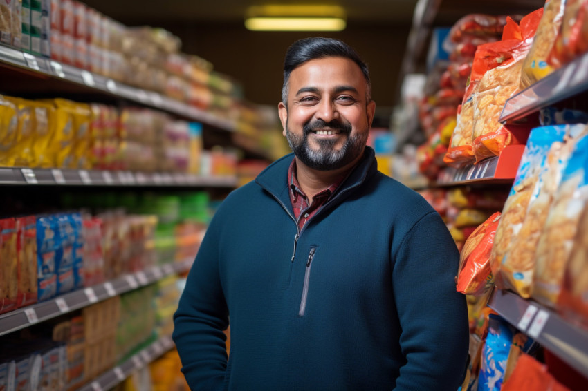 Happy Indian man at grocery store Happy Indian man at grocery store