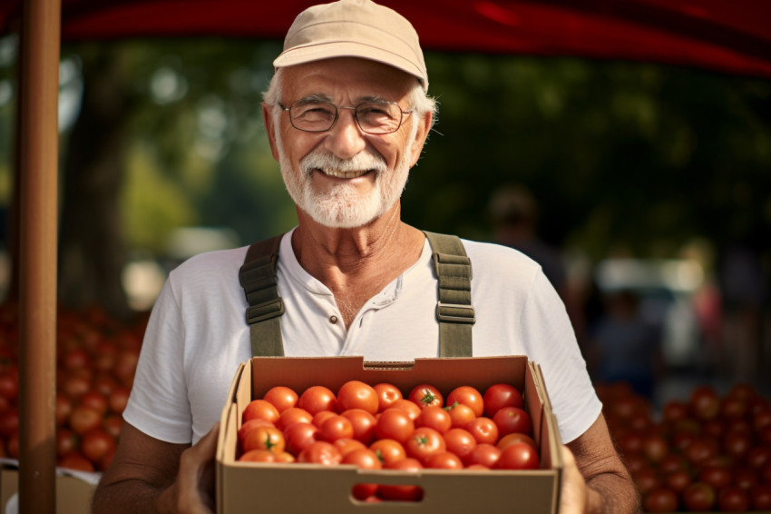 Smiling senior man selling apples at farmers market Smiling senior man selling apples at farmers market