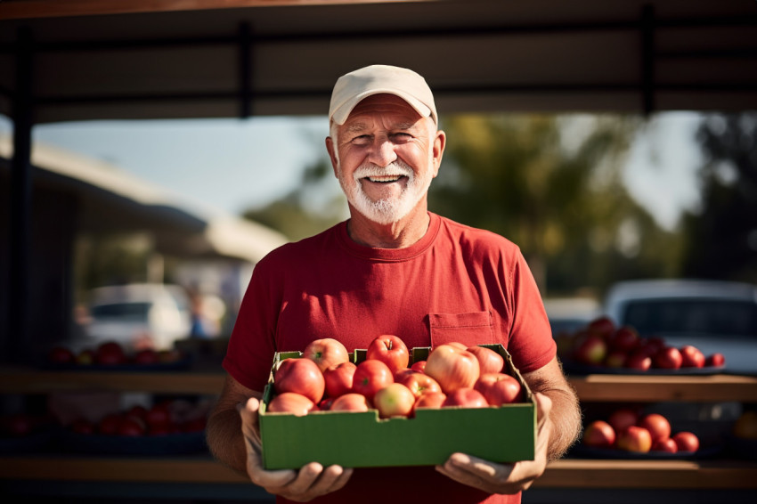 Smiling senior man selling apples at farmers market Smiling senior man selling apples at farmers market