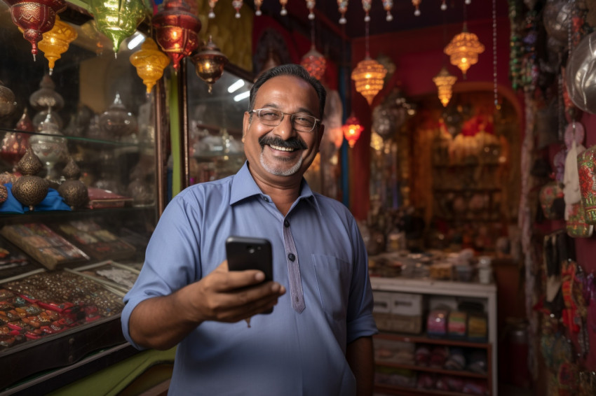 Photo of Indian shopkeeper showing phone to camera Photo of Indian shopkeeper showing phone to camera