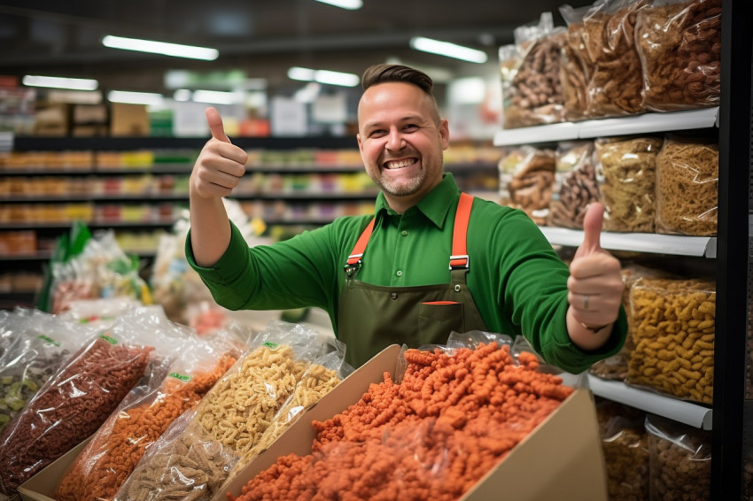 Grocery store salesman gives thumbs up Grocery store salesman gives thumbs up