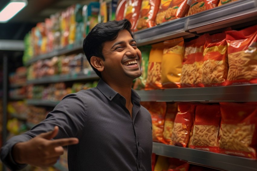 Indian man smiling and pointing to product in grocery store Indian man smiling and pointing to product in grocery store