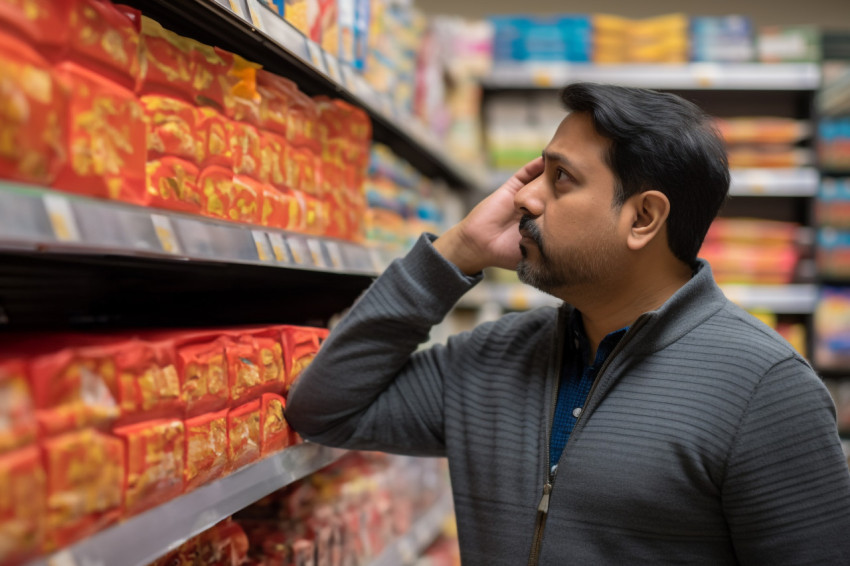 Indian man smiling and pointing to product in grocery store Indian man smiling and pointing to product in grocery store