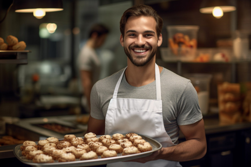 Young baker holding tray of fresh cookies in bakery Young baker holding tray of fresh cookies in bakery
