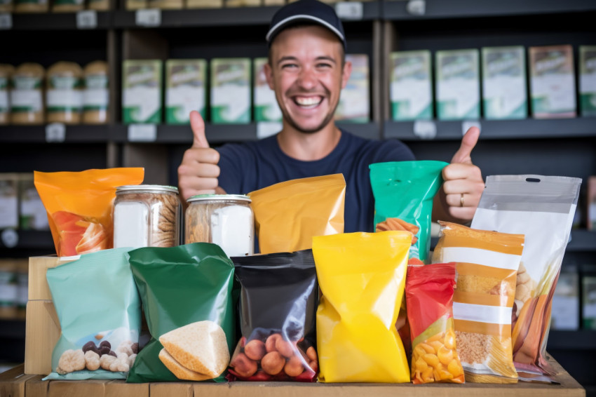 Happy young man gives thumbs up to grocery products Happy young man gives thumbs up to grocery products