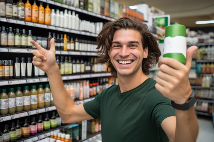 Happy young man gives thumbs up to grocery store products Happy young man gives thumbs up to grocery store products