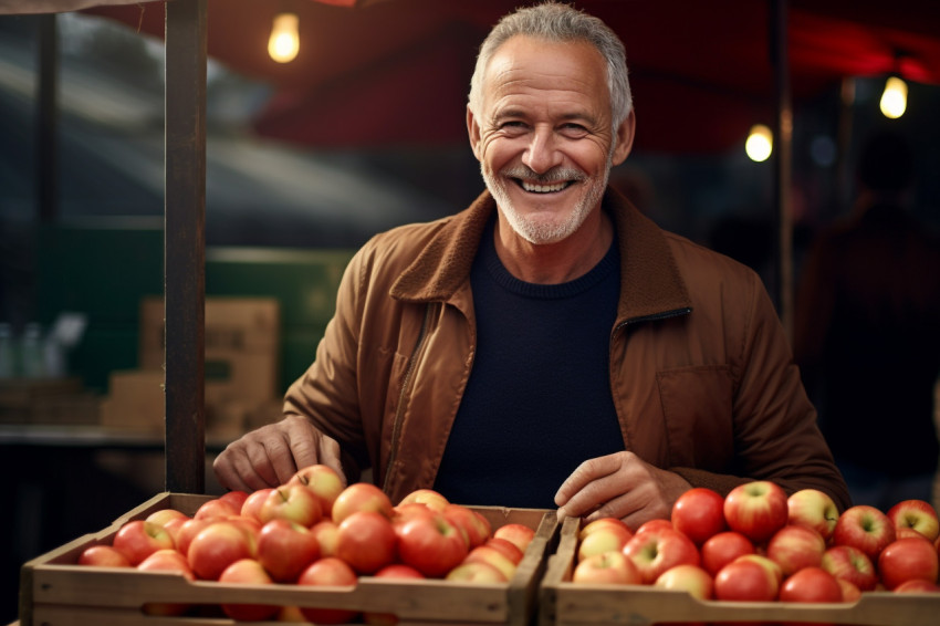 Senior man selling apples at farmers market