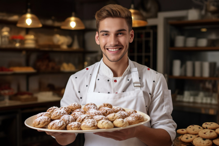 Young baker holding tray of fresh cookies in bakery Young baker holding tray of fresh cookies in bakery