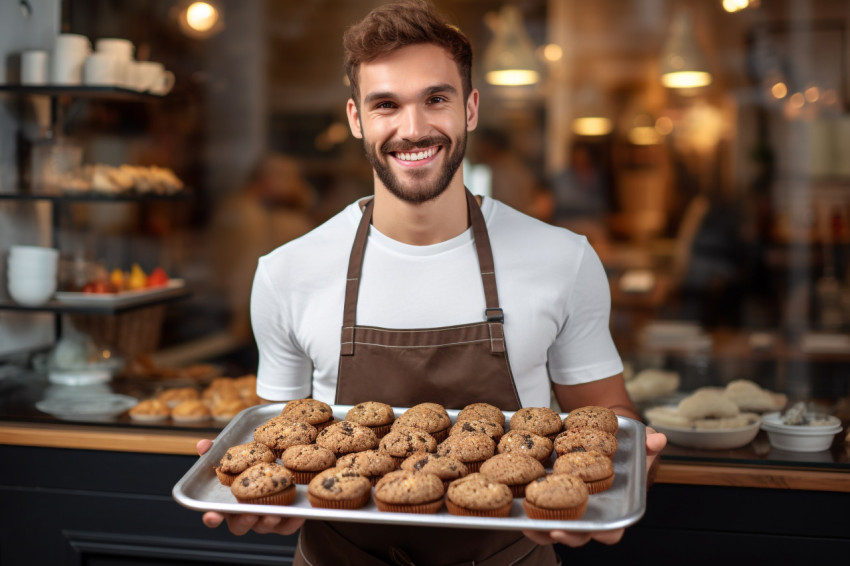 Young baker holding tray of fresh cookies in bakery Young baker holding tray of fresh cookies in bakery