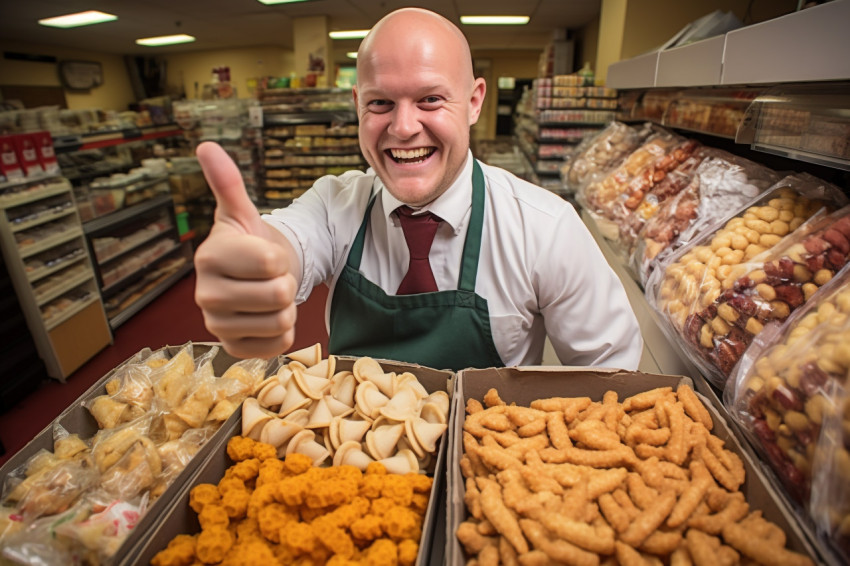 Grocery store salesman gives thumbs up Grocery store salesman gives thumbs up