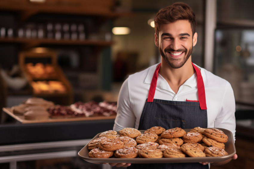 Young baker holding tray of fresh cookies in bakery Young baker holding tray of fresh cookies in bakery