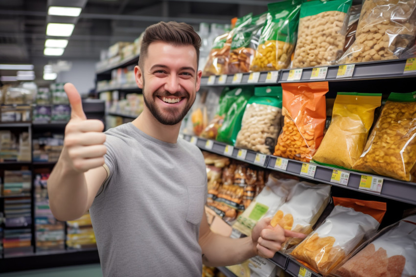 Happy young man gives thumbs up to grocery products Happy young man gives thumbs up to grocery products