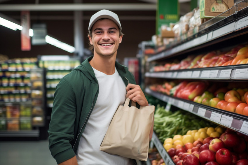 Confident young man with apple and shopping bag in grocery store Confident young man with apple and shopping bag in grocery store